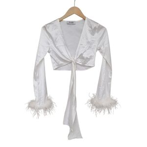 Europa The Label White Satin Feather Cuffs Tie Front Top